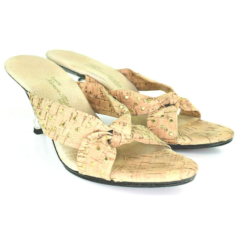 Norman Kaplan Las Vegas Woman's Heels Leather Cork Gold Studded Lucite Size 6‎